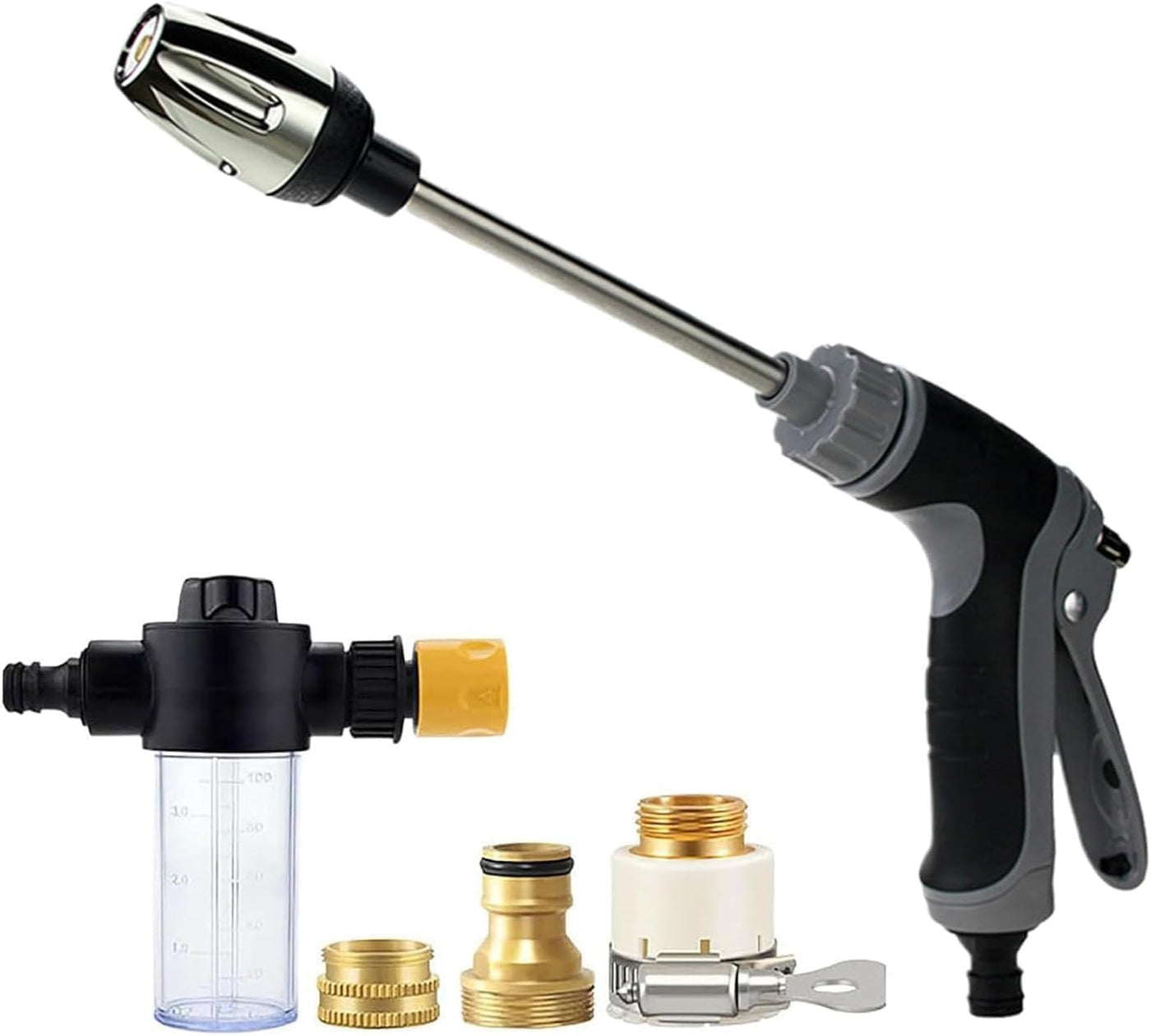 Garden hose jet nozzle kit with connectors and spray handle