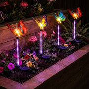 Solar butterfly garden stake lights glowing in a flower bed