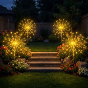 Warm starburst lights along an outdoor garden path