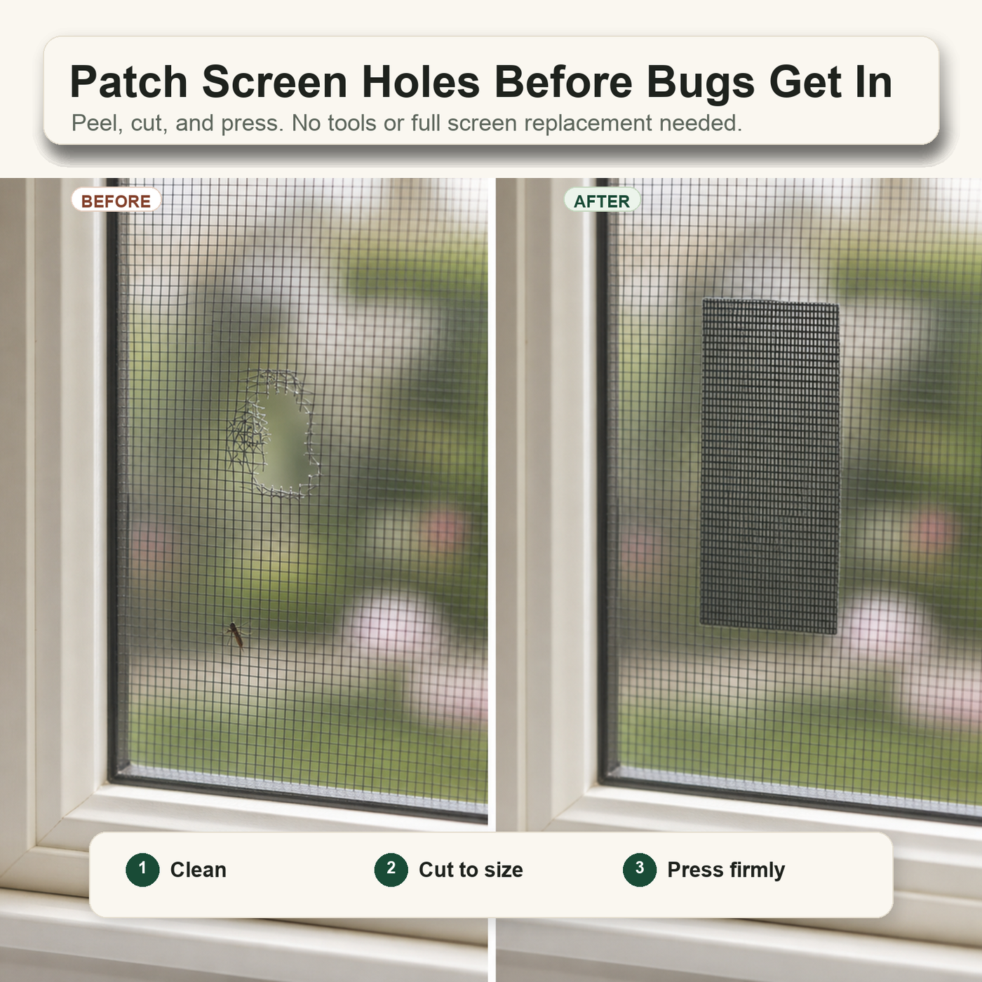 Before and after screen repair tape patch