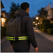 Reflective waist belt worn for neighborhood commuting at blue hour
