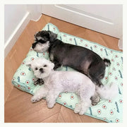 Dogs resting on the green foldable pet cooling mat