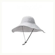Blue gray foldable wide brim sun hat with adjustable chin strap